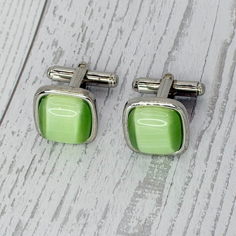 Mens Silver Tone Square Lime Green Cat Eye Cabochon Bullet Back Cufflinks